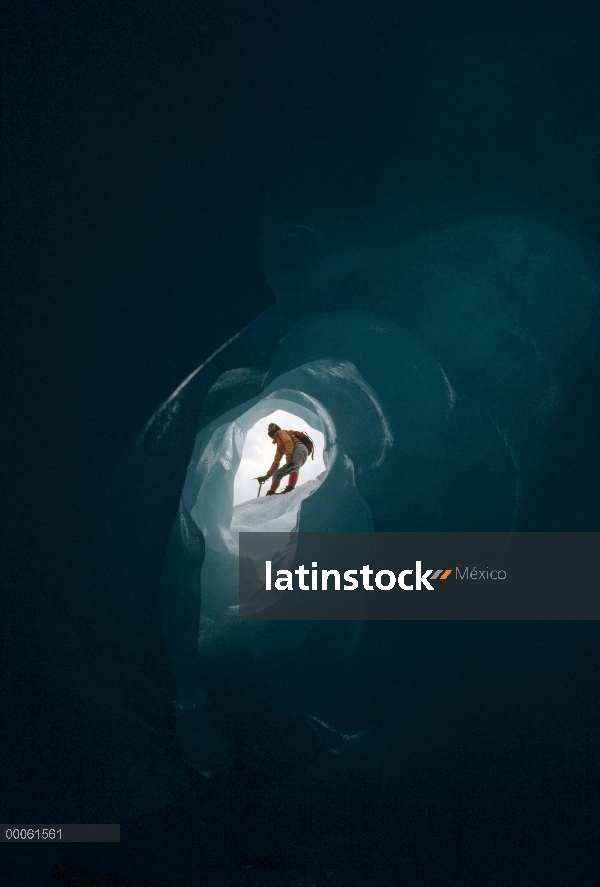 Escalador de hielo de visto a través de la cueva de hielo, campo de hielo Columbia, el Parque Nacion