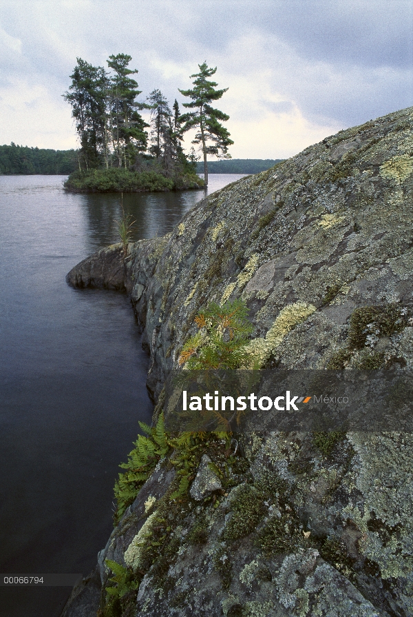 Afloramiento de granito e isla, límite aguas canoa zona desierto, Northwoods, Minnesota