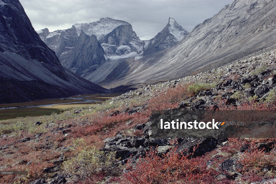 Valle glaciar y pico de Arrigech, puertas del Parque Nacional Ártico, en la Cordillera de Brooks, Al