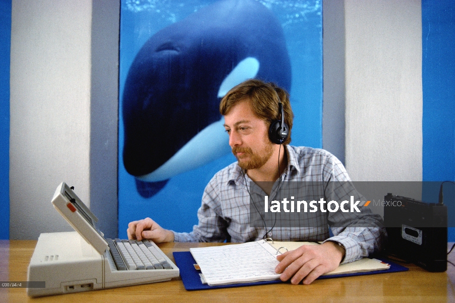 Escuchando la canción orca (Orcinus orca) por John Ford, acuario de Vancouver, Columbia Británica, C