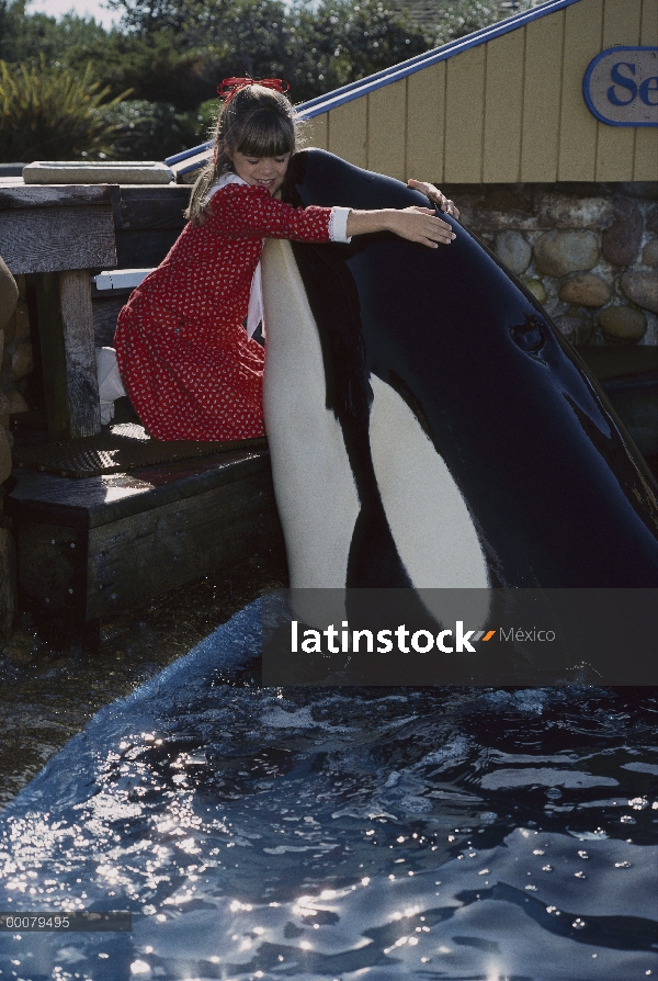 Orca (Orcinus orca) abrazado por la chica, Sea World, San Diego, California