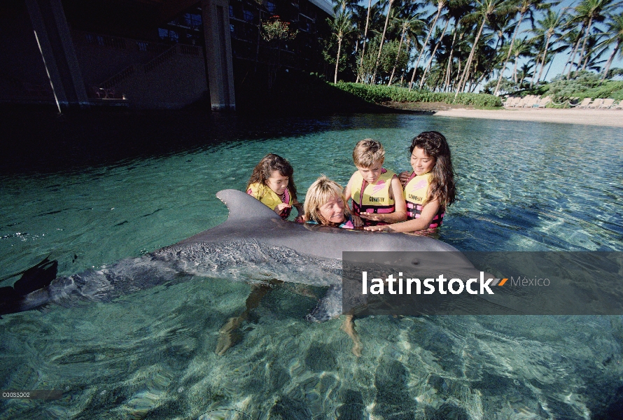 Delfín mular (Tursiops truncatus) interactuando con los niños, centro de aprendizaje de búsqueda de 