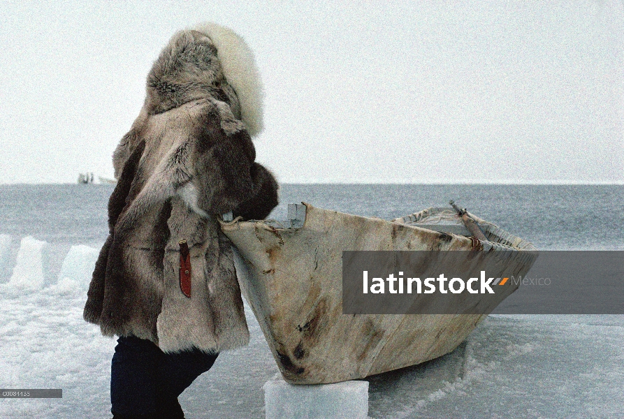 Cazador de la ballena (Balaena mysticetus) de Groenlandia, un Inuit en ropas tradicionales con barco