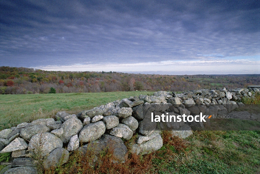 Valla de piedra bajo el cielo tormentoso, Connecticut