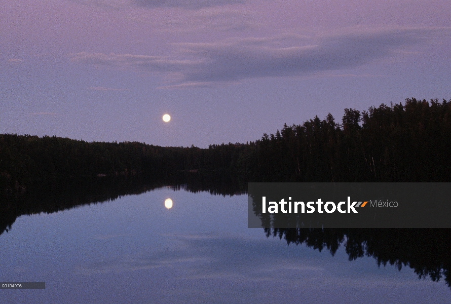 Luna llena sobre el lago, límite aguas canoa zona desierto, Minnesota