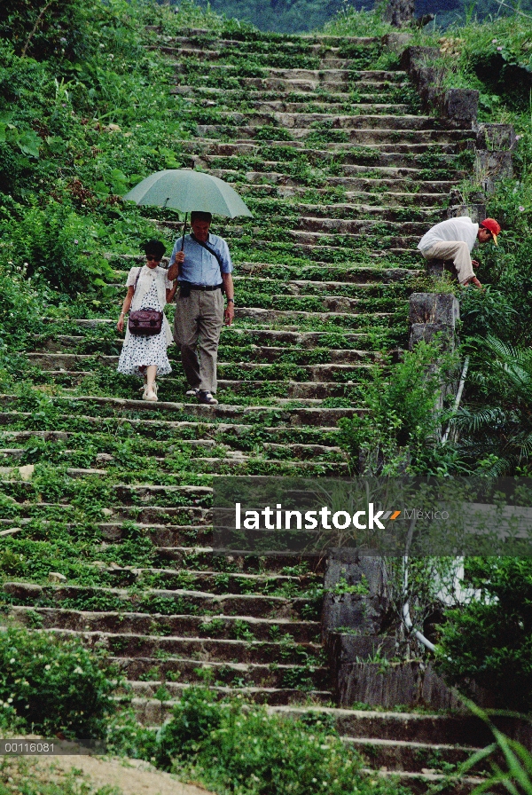 Turistas bajando una escalera francés antiguo, Parque Nacional de Tam Dao, Vietnam