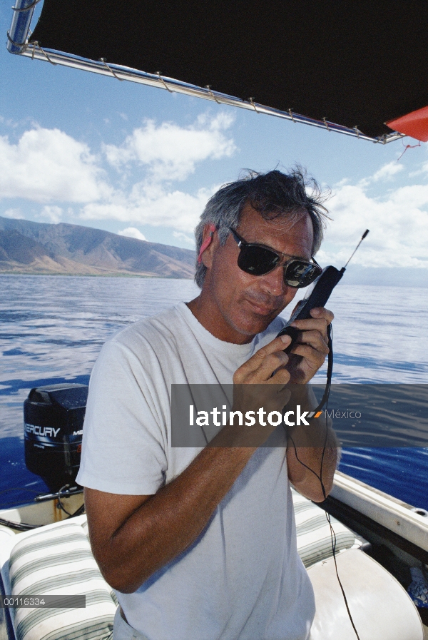 Ballena jorobada (Megaptera novaeangliae) investigador Dr. James Darling escuchando ballenas, Hawaii