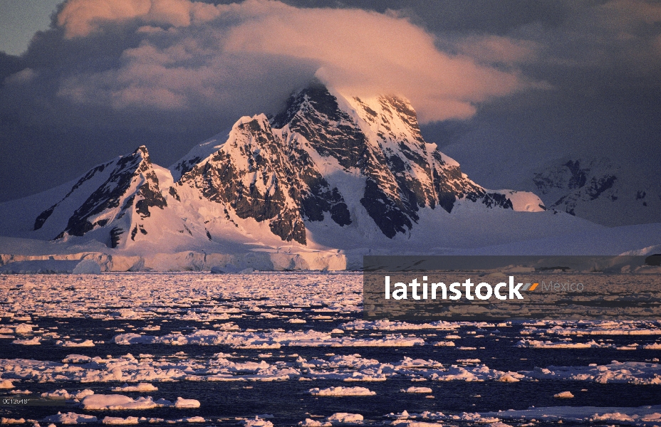 Gama de la montaña cubierta de nieve con icebergs caer en el océano y témpanos de hielo en el estrec