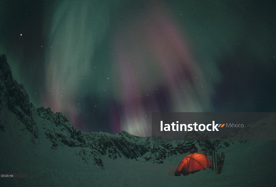 Carpa iluminada debajo de montañas cubiertas de nieve y auroras boreales, Alaska