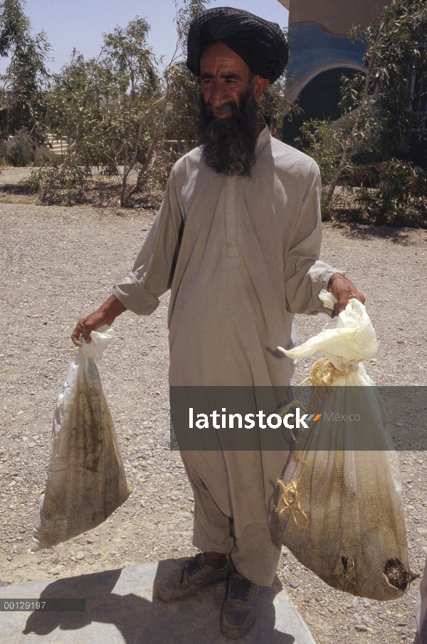 Granjero con bolsas de erizos para investigador Jim Patton, estación agrícola cerca de Zabul, Irán