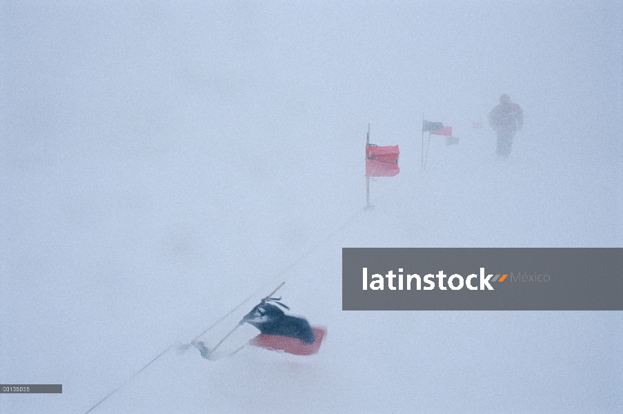 Científico de investigación a través de blizzard, que nos hace base en estación de McMurdo, Antártid