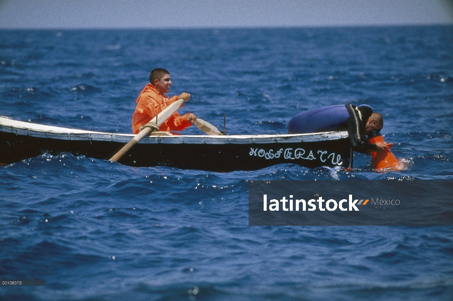 Cosecha de atún rojo Atlántico (Thunnus thynnus) con el líder de los pescadores examina una escuela 