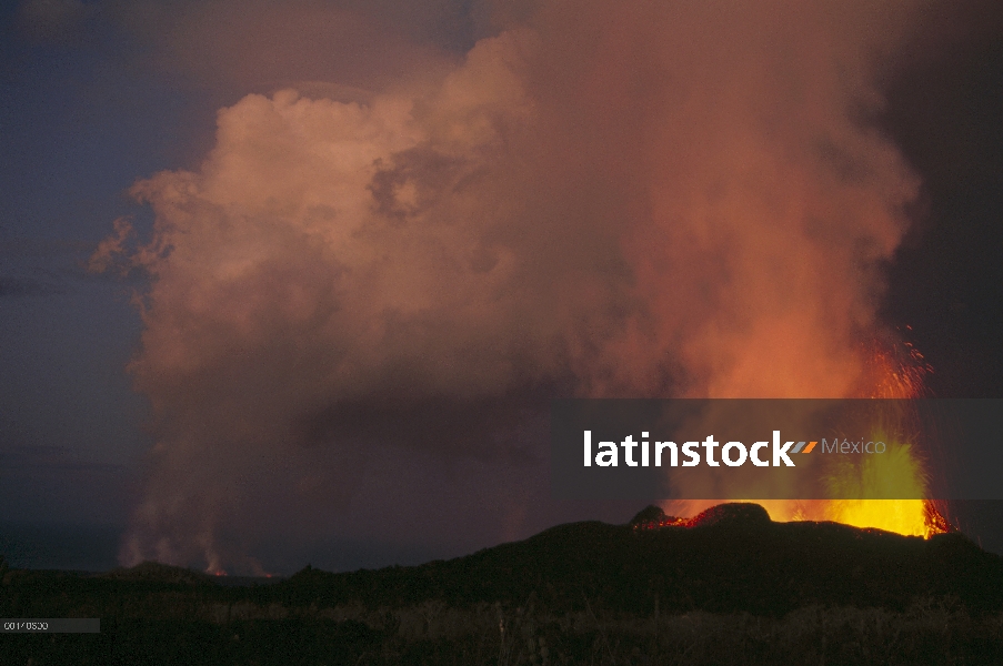 Salpicón de cono formación y fuente de lava de respiradero eruptivo a lo largo de fisura radial en e