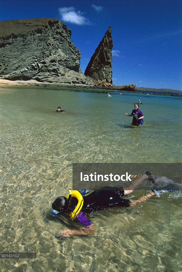 Los visitantes en transparentes aguas debajo de la Roca Pináculo, Isla Bartolomé, Galápagos, Ecuador