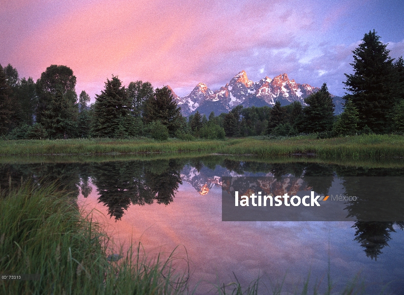 Gama de Grand Teton y cielo nublado en el aterrizaje de Schwabacher, reflejada en el agua, Parque Na