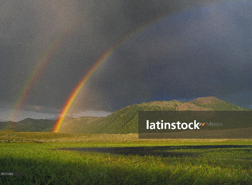 Doble arco iris sobre las montañas Boulder después de una tormenta, Idaho