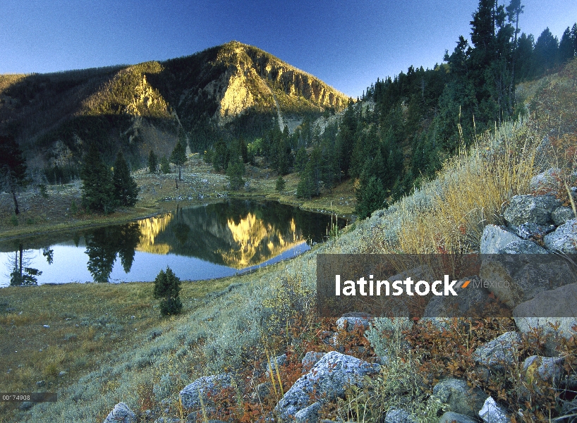 Pico de Bunsen, el cono de un antiguo volcán, reflejada en el lago, cerca de Mammoth, Parque Naciona