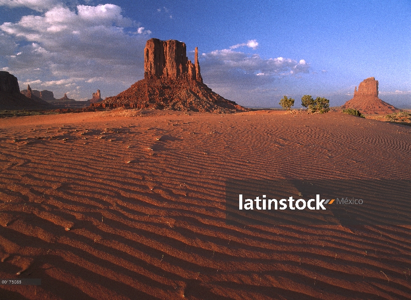 Oriente y Occidente mitones rodeados de arena ondulado, Monument Valley Navajo Tribal Park, Arizona