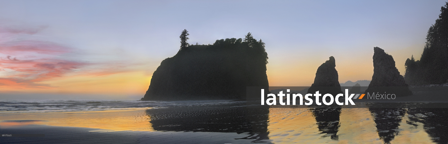 Panorama de la isla de Abby y seastacks silueta al atardecer, Ruby Beach, Parque Nacional Olympic, W