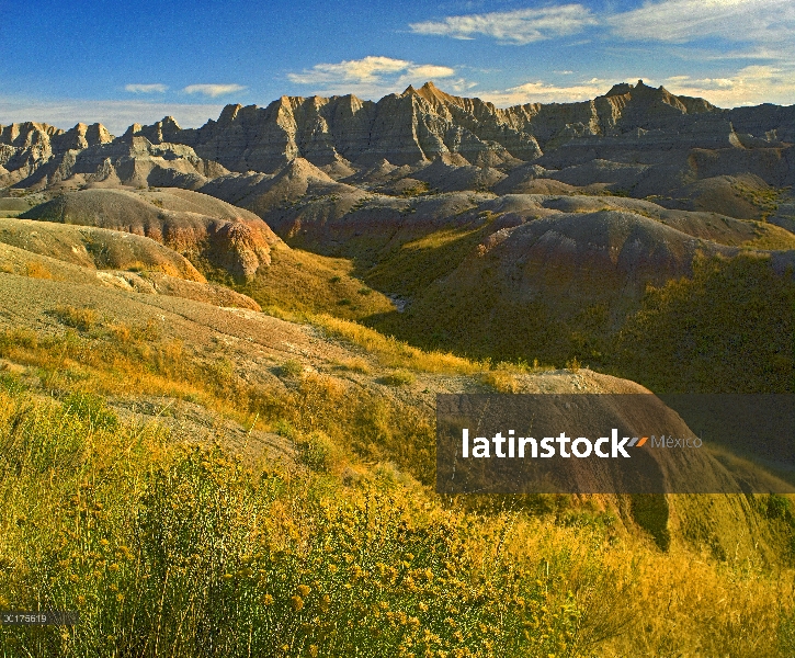 Cerros erosionados y pradera en el Parque Nacional Badlands, Dakota del sur