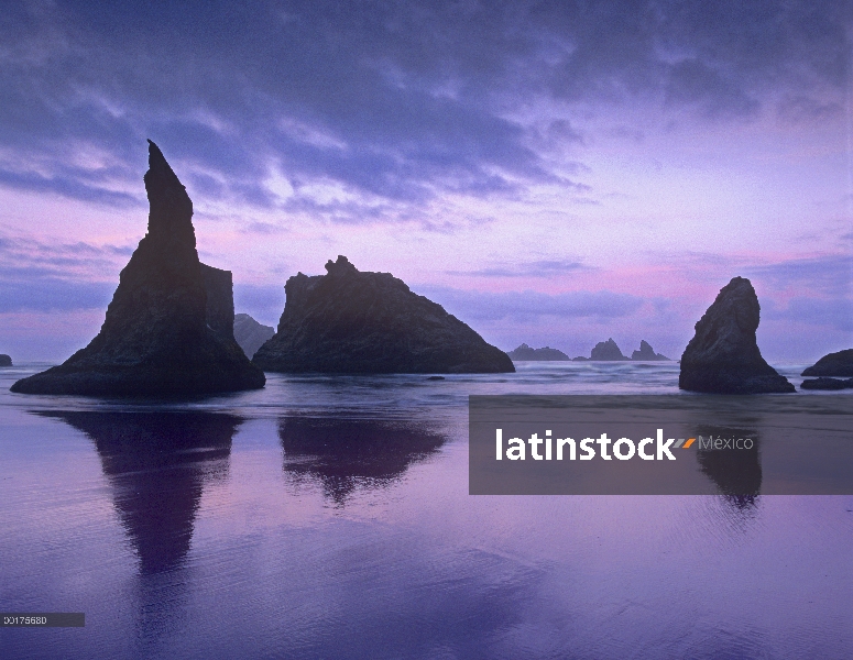 Pilas de mar al atardecer a lo largo de la playa de Bandon, Oregon