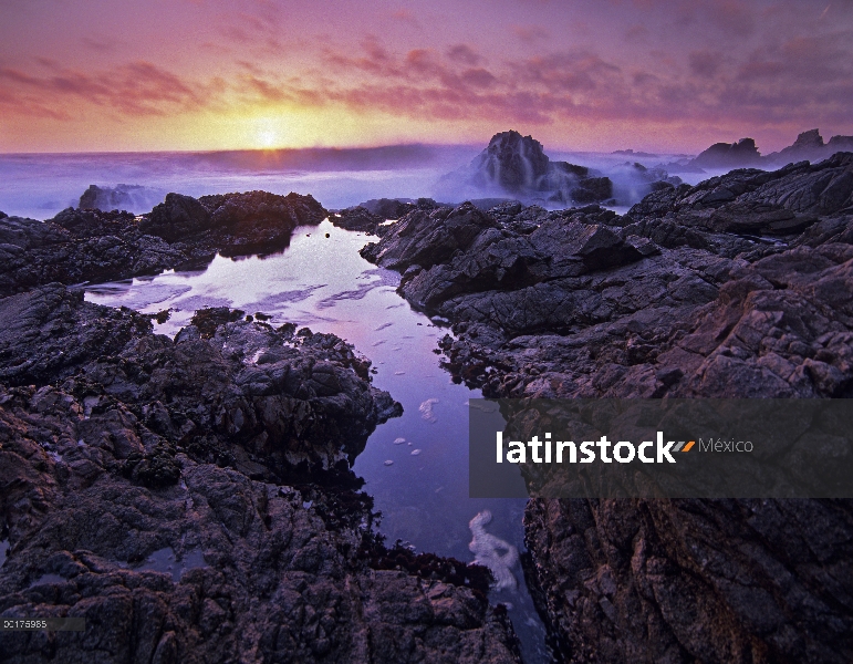 Puesta de sol sobre estrellarse las olas y esteros, playa estatal de Garrapata, Big Sur, California