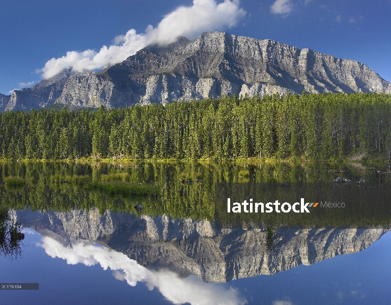 Monte Rundle y bosque boreal reflejada en el lago de Johnson, Parque nacional Banff, Alberta, Canadá