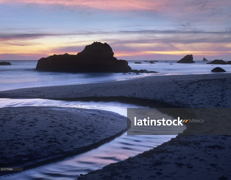 Arroyo que fluye en océano en Harris Beach State Park, Oregon