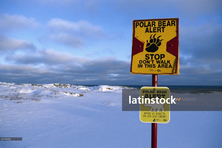 Señal de advertencia de oso polar (Ursus maritimus), Churchill, Manitoba, Canadá