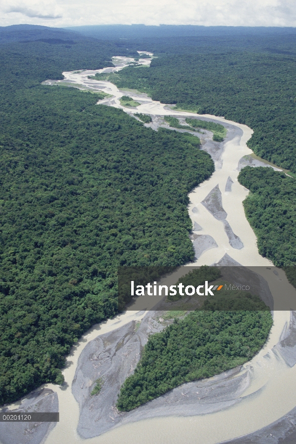 Vista aérea del canal de río trenzado a través del bosque, región del lago Kutubu, Papua Nueva Guine