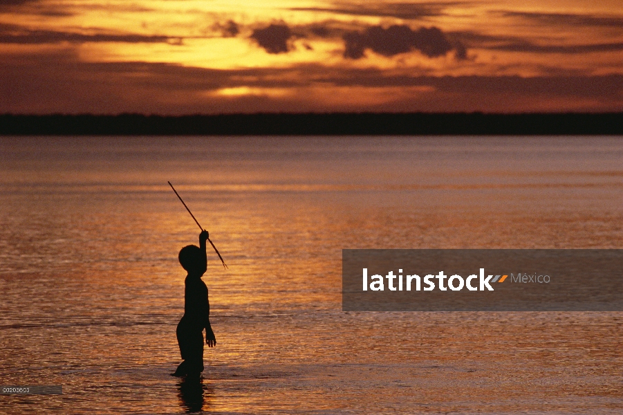 Lanza de niño de pesca al atardecer en la desembocadura del Delta del río de Kikori, Papua Nueva Gui