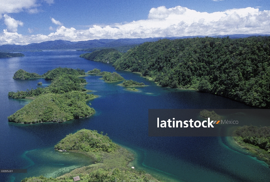 Vista aérea de las islas en el extremo suroriental del lago Kutubu, las tierras altas, Papúa Nueva G