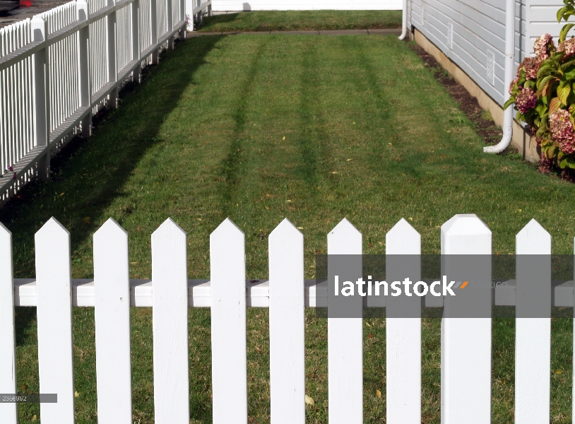 White picket fence with green lawn and side of house