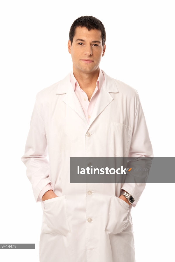 Doctor smile hands on pockets isolated on white background