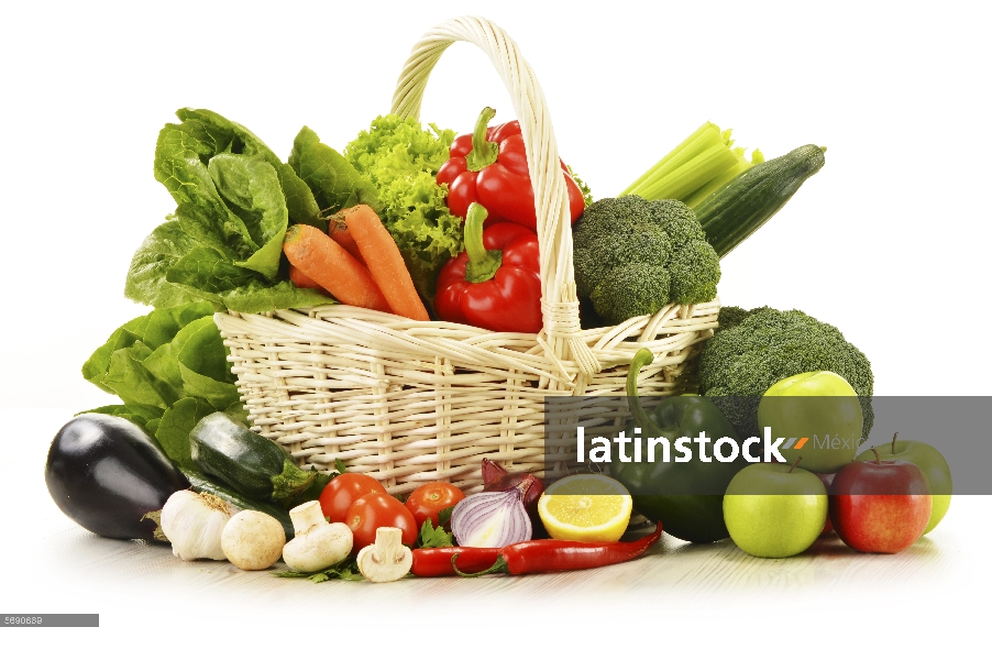 raw vegetables in wicker basket isolated on white