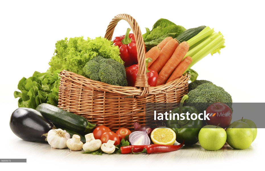 raw vegetables in wicker basket isolated on white